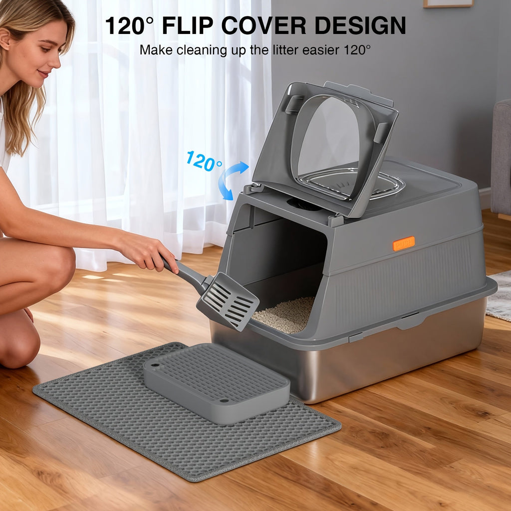 Oversized Enclosed Stainless Steel Cat Litter Box with Lid, Collapsible Anti-Splash Covered Indoor Cat Toilet with Front Flap Door & Superior Odor Control