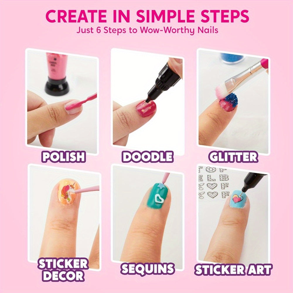 Kids Nail Art Kit for Girls Non-Toxic Nail Polish Set with Glitter Stickers Sequins 220+ Designs 6 Color Pens Children Nail Studio Birthday Christmas Gift Ages 7 and Up