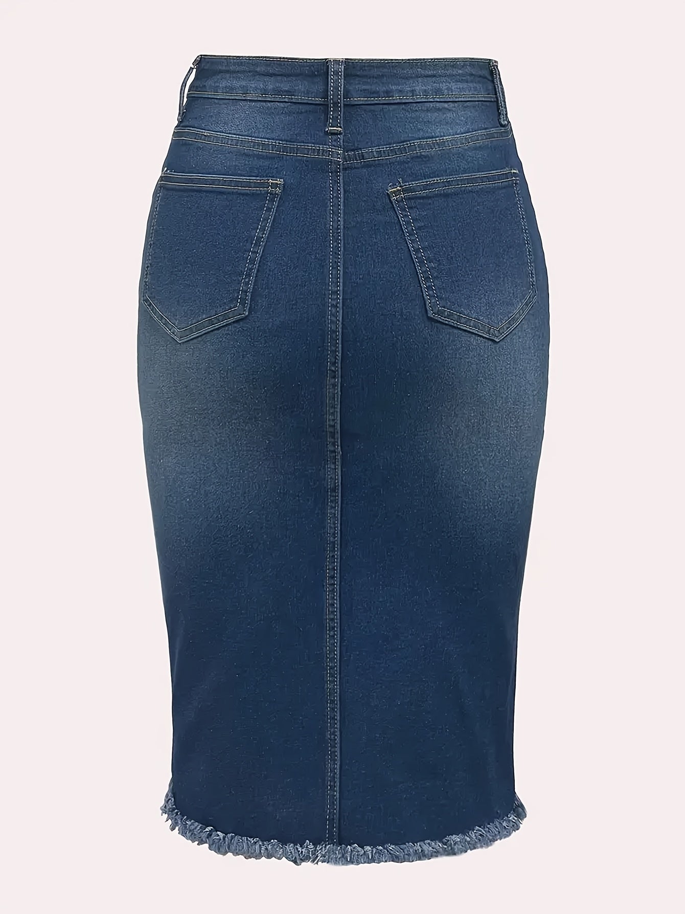 Vintage High-Waisted Denim Midi Skirt Women Stretch Raw Hem Distressed Look Machine Washable Non-Transparent Sea Blue XS-XXL Spring Summer Fall