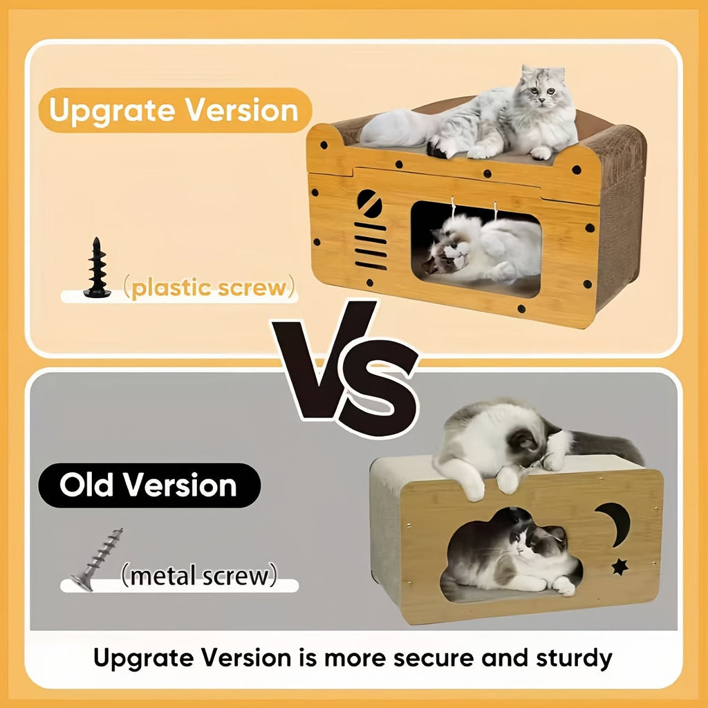 Cat Scratching Board House with Pompom Toy – Large Cardboard Cat Bed & Hideout, Holds Up to 25 Lbs, Multi-Cat Friendly, Easy Assembly, Scratch-Resistant Cat Furniture Gift for Pet Lovers