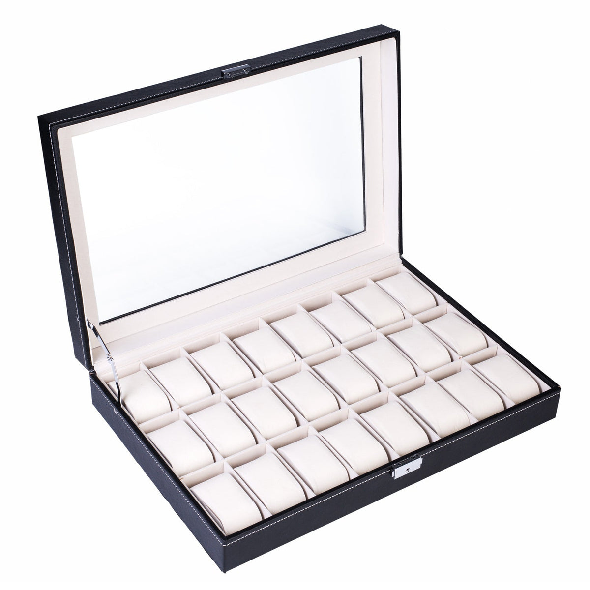 24-Slot PU Leather Watch Box Organizer Large Capacity – Top-Opening Lid Watch Display Case Cushioned Storage for Men Women Watch Collector Gift Black 43x29x8.5cm