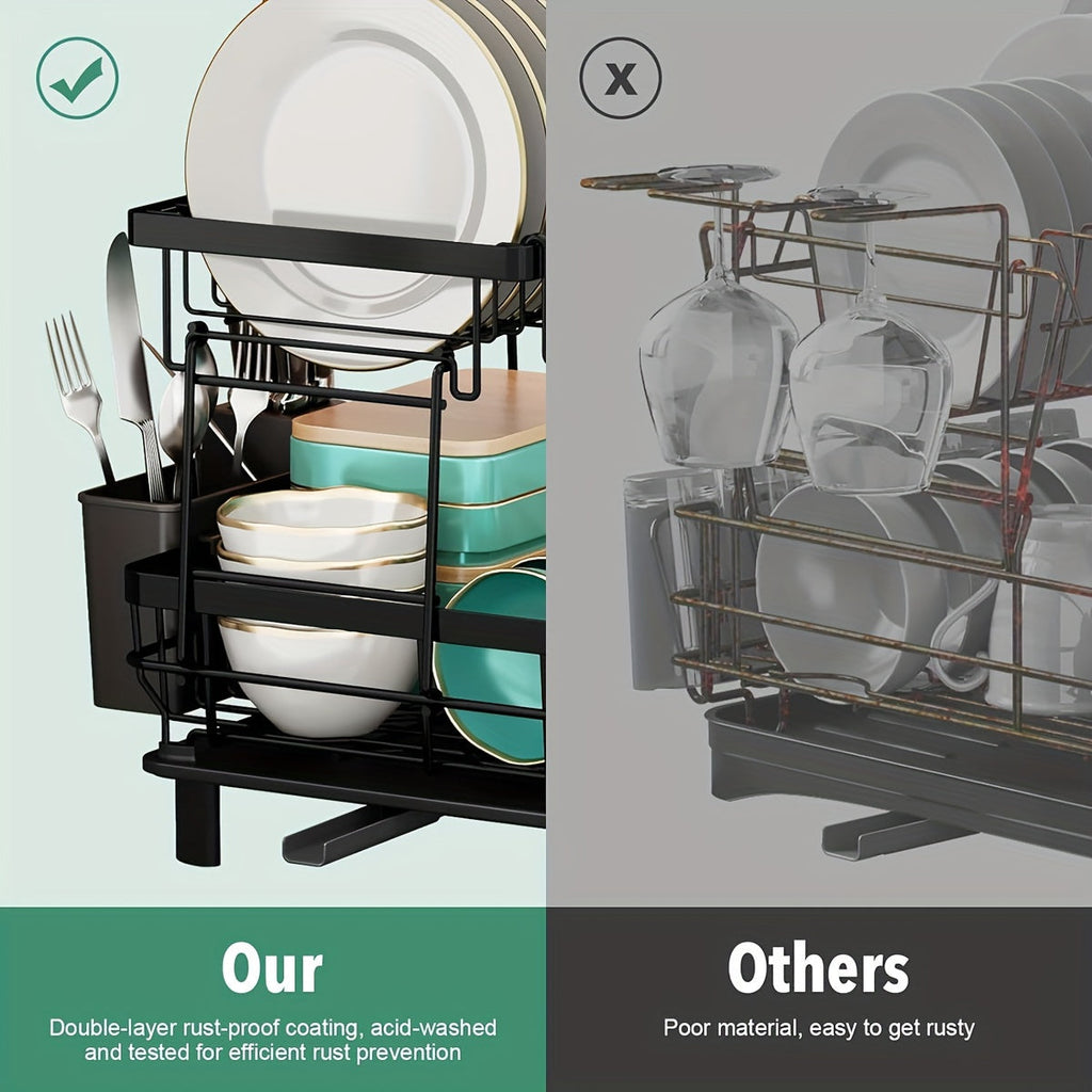 2-Tier Dish Drying Rack with Drainboard & Removable Utensil Holder – Large Capacity Dish Rack for Kitchen Counter, Sink-Side Drying Rack for Dishes, Cookware & Utensils – Space-Saving Design