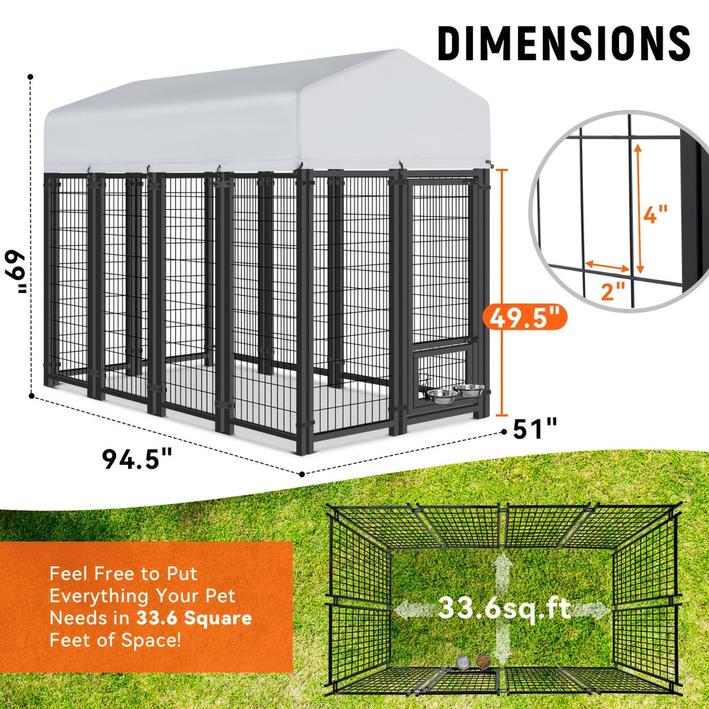 Large Dog Enclosure Outdoor Heavy Duty Welded Wire Steel Dog Playpen with UV-Resistant Roof Cover Secure Lock Pet Pen for Big Dogs Exercise Play Area Backyard Patio 3 Sizes