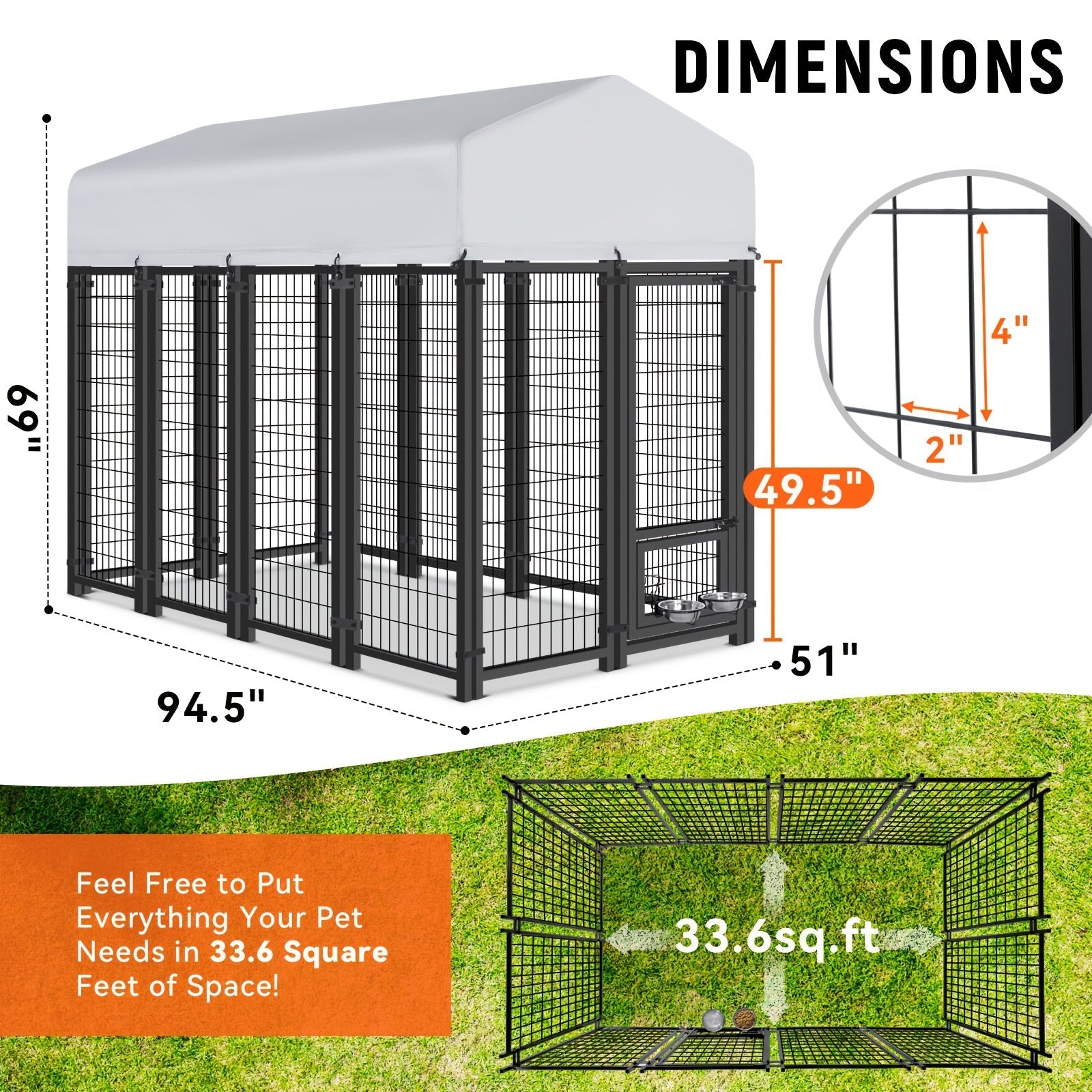 Large Dog Enclosure Outdoor Heavy Duty Welded Wire Steel Dog Playpen with UV-Resistant Roof Cover Secure Lock Pet Pen for Big Dogs Exercise Play Area Backyard Patio 3 Sizes