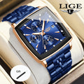 LIGE Men's Square Quartz Watch Stainless Steel Strap Calendar Display – Preppy Sport Fashion Wristwatch 8 Colors Rose Gold Black Blue, Birthday Graduation Gift for Men Teens