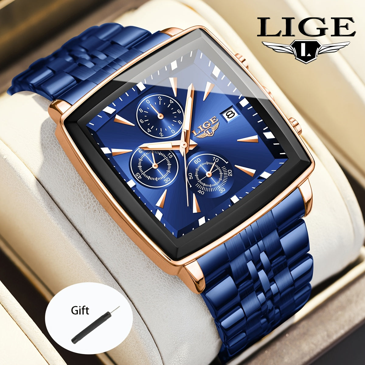 LIGE Men's Square Quartz Watch Stainless Steel Strap Calendar Display – Preppy Sport Fashion Wristwatch 8 Colors Rose Gold Black Blue, Birthday Graduation Gift for Men Teens