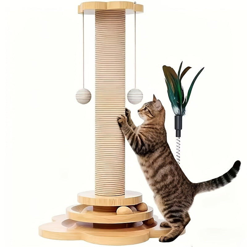 Wooden Cat Scratching Post 5-in-1 Solid Pine Base Tall Sisal Post 2-Level Track Ball Feather Toy Hanging Balls No-Debris Indoor Cat Activity Center Kittens Adults
