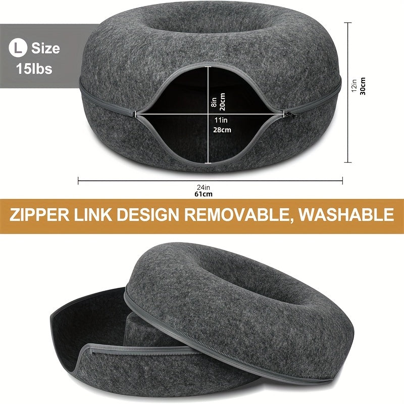 Cat Tunnel Bed with Donut Hole Indoor Hiding Place - All-Season Collapsible Soft Plush Cat Cave Bed for Indoor Cats, Dark Gray & Light Gray, 20 & 24 Inch, Perfect Cat Gift