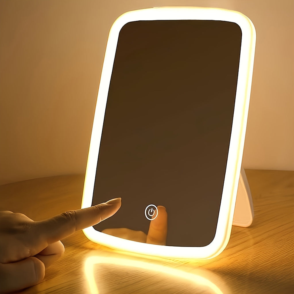 LED Makeup Mirror with Touch Sensor – 3 Lighting Modes (White, Daylight, Warm), Adjustable Brightness, Portable Folding Vanity Mirror, USB Charging, Compact Travel & Desktop Cosmetic Mirror