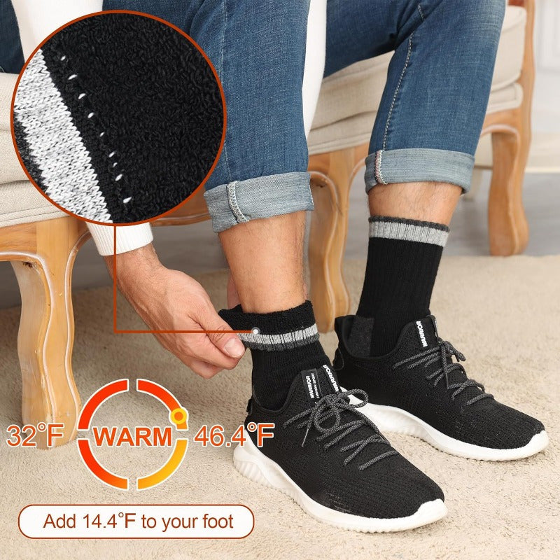 Men's Wool Socks 5 Pairs Extra Thick Thermal Winter Crew Socks – 300g/m² Heavyweight, Striped Pattern, Machine Washable, Size 7-13, Warm Fall & Winter Socks for Men