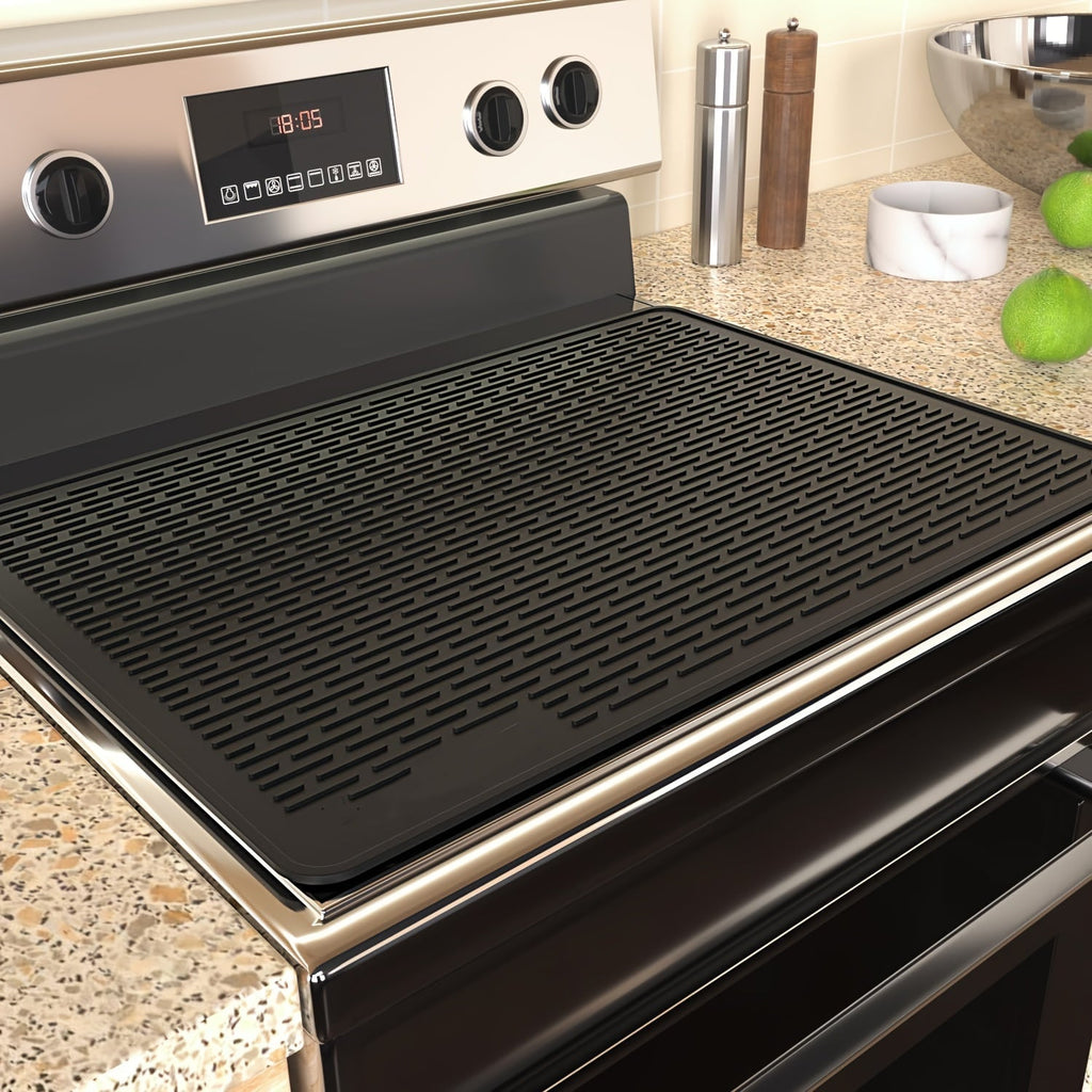 Silicone Electric Stove Top Cover Mat 28 x 20 Inch Heat Resistant Up to 450F Non-Slip Washable Ceramic Glass Cooktop Protector Extra Large Flat RV Range Cover Multipurpose Kitchen Mat Black