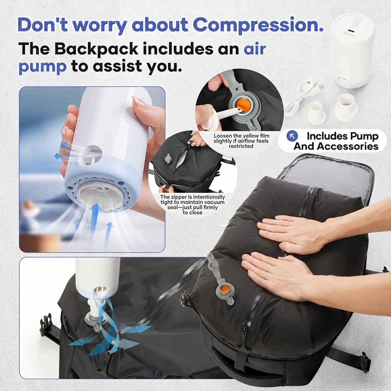 Vacuum Seal Travel Backpack with Air Pump – Expandable Large Capacity Compression Space Saver Laptop Carry-On Bag Oxford Cloth for Men Women Hiking Camping Travel