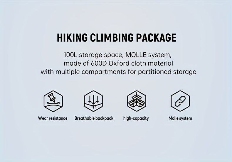 100L Tactical Backpack Large Capacity Molle Hiking Backpack with Multiple Compartments & Ergonomic Straps - Heavy Duty for Camping, Travel, Trekking & Outdoor Adventures
