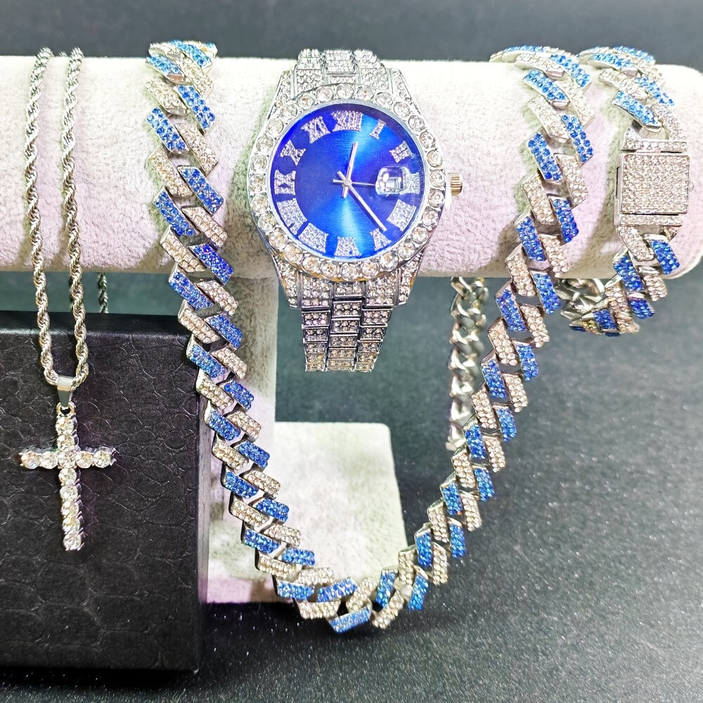 Luxury Cuban Link Jewelry Set for Men & Women – 4-Piece Necklace Bracelet Pendant Wristwatch Full Set 12 Color Options Silver Gold Pink Green Blue Hip Hop Bling Valentine's Day Christmas Gift