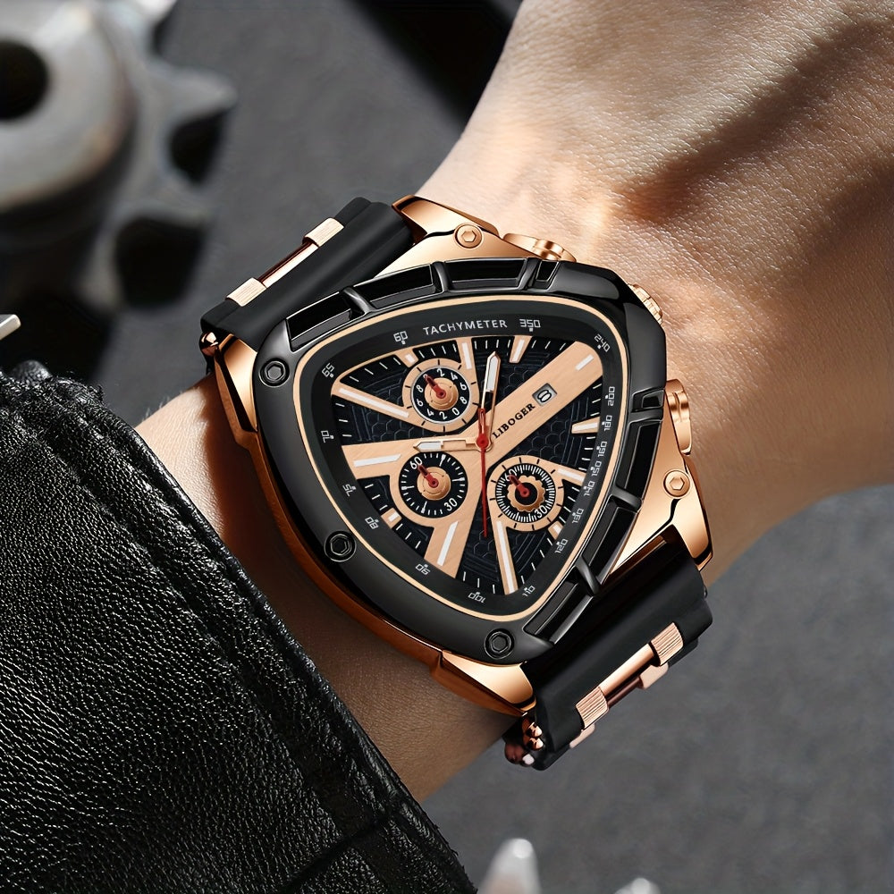 2pcs Men's Watch Set Sports Triangle Dial Silicone Strap and Retro Square Dial Quartz Watches with Date Display Dress Watch for Casual Valentine's Father's Day Gift
