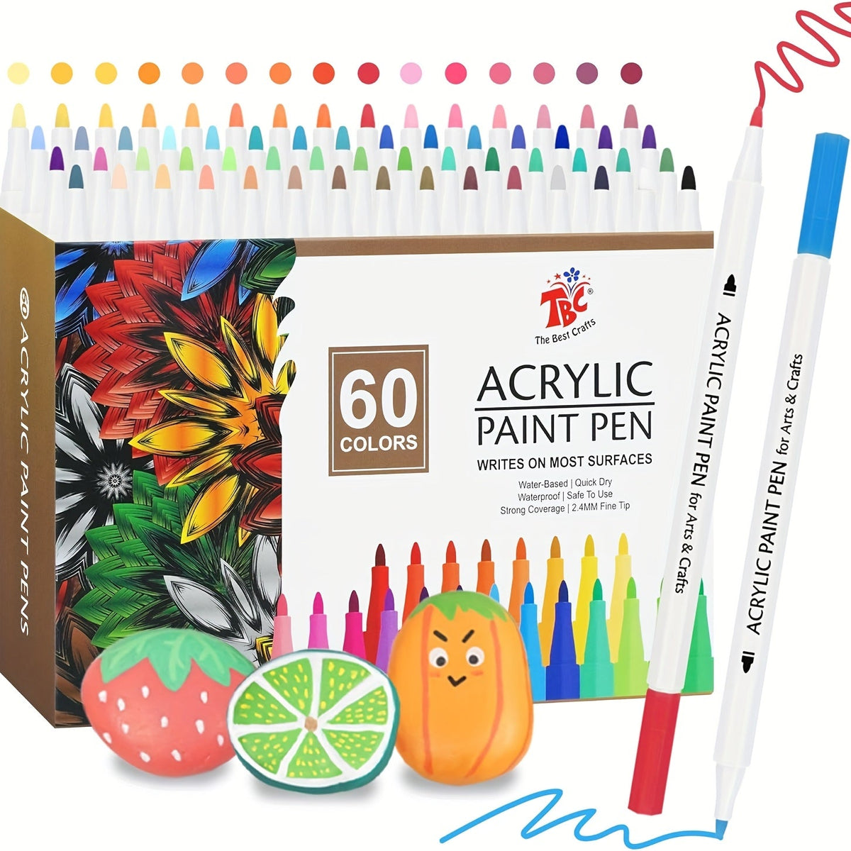 TBC 60 Color Acrylic Paint Brush Pens – Waterproof Non-Toxic Soft Tip Markers for Rock Painting, Glass, Wood, Fabric, Pottery, Canvas & DIY Crafts, Gift for Artists & Kids