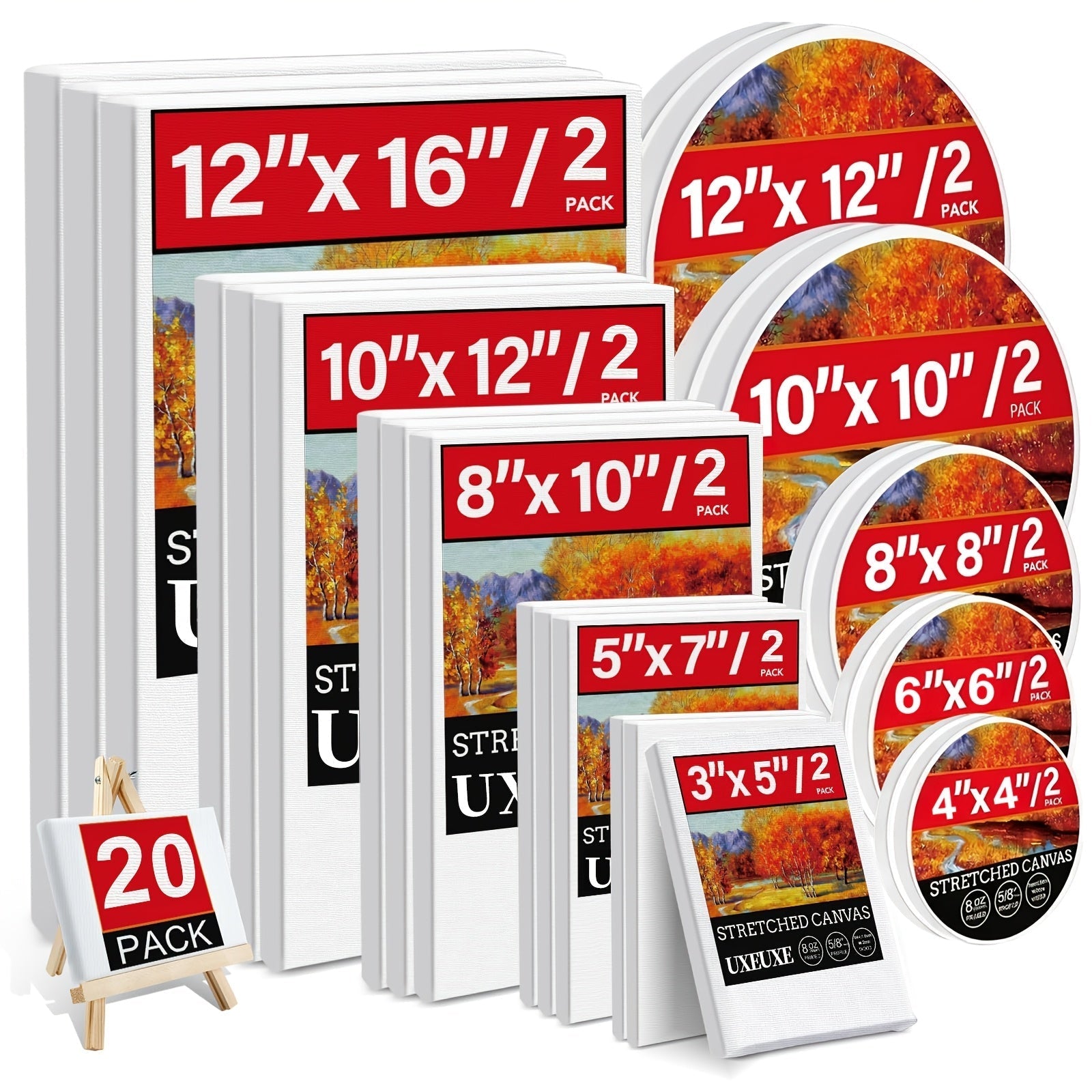 Stretched Canvas Multi-Pack 100% Cotton Primed White – Round Square Rectangular Sets 10 15 20 Pieces for Acrylic Oil Watercolor Painting Pouring Mixed Media Artist Boards Bulk Value Pack