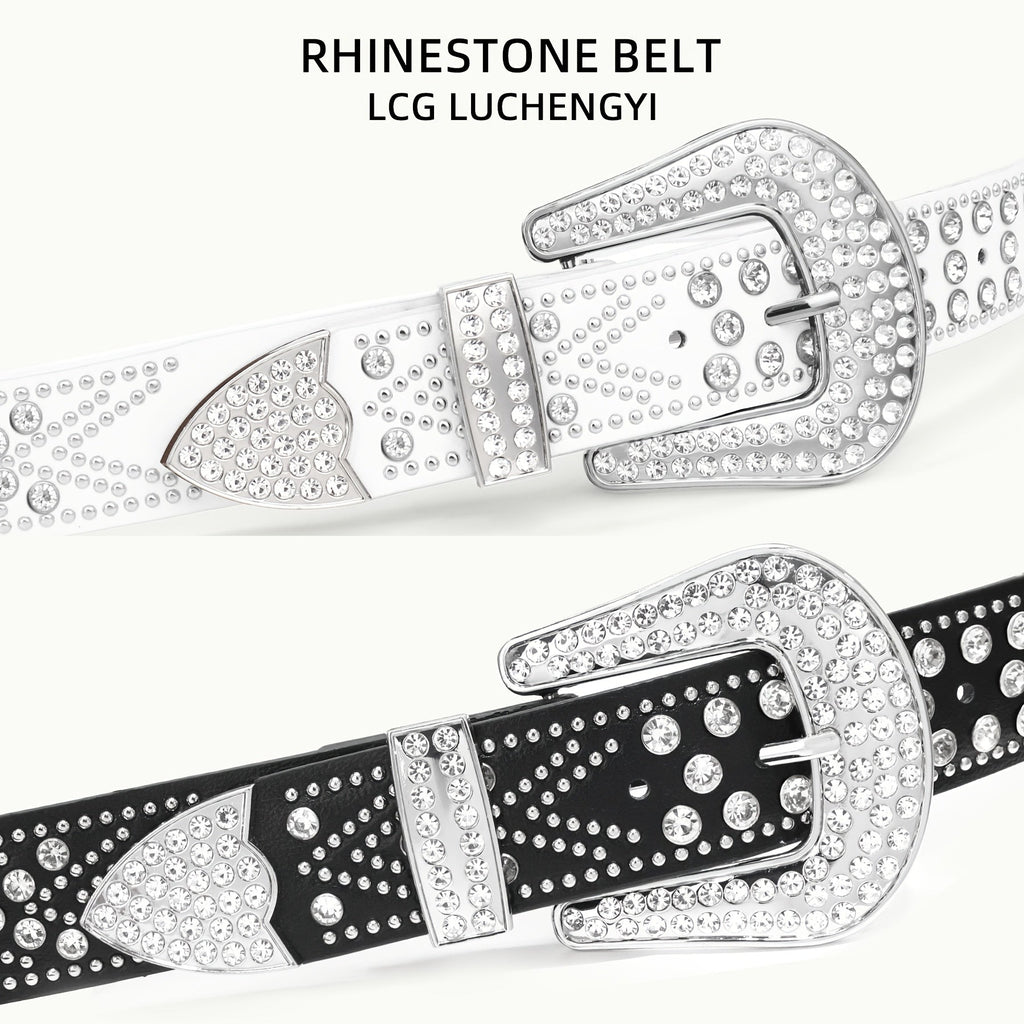 Studded Rhinestone Belt for Men & Women – Y2K Western Cowboy Cowgirl Bling Faux Leather Belt Gold Metal Buckle Punk Style 4 Colors Sizes 28 32 36 40 44 Festival Party Streetwear