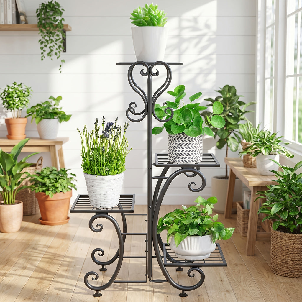 4 Tier Metal Plant Stand Indoor Outdoor Wrought Iron Corner Flower Pot Holder Display Rack Patio Balcony Garden Office Planter Shelf Black HYP-50 6 Tier