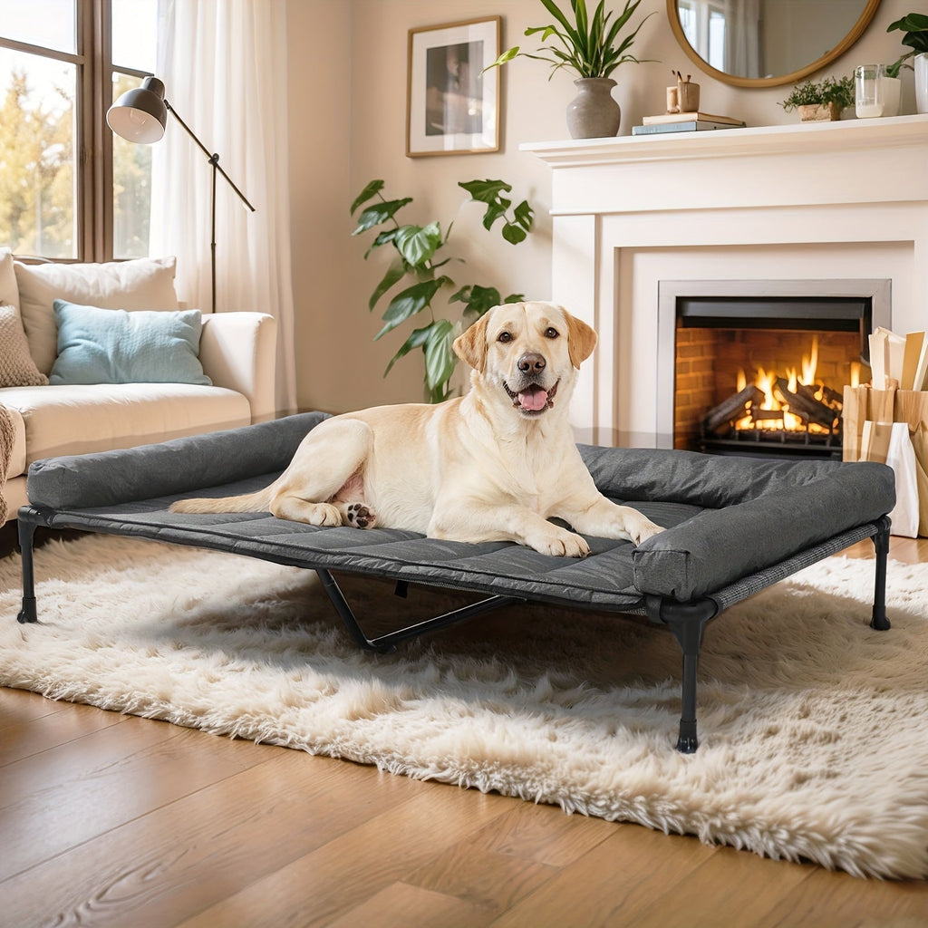 Cooling Elevated Dog Bed with Removable Pillow-Top Mat – Raised Bolster Dog Cot with Breathable Mesh Non-Slip Feet Dog Sofa Bed for Indoor & Outdoor Use
