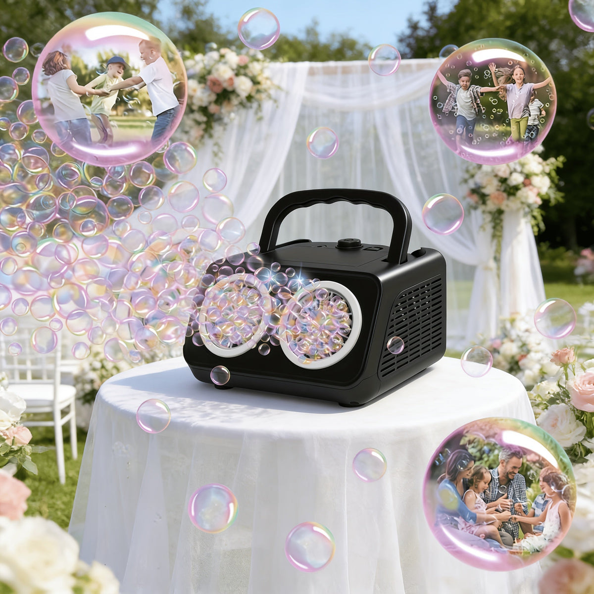 Automatic Bubble Machine Upgraded Thickened 2-Fan Design 20000 Plus Bubbles Per Minute Plugin or Battery Powered Portable Indoor Outdoor Bubble Blower for Birthday Party Wedding Kids White Black