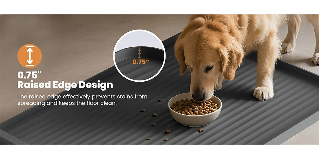 36"x24" Waterproof Pet Feeding Mat Large Non-Slip Dog & Cat Food Mat – Raised Edges, Diversion Grooves, Easy Clean Bowl Mat for Food & Water, Grey