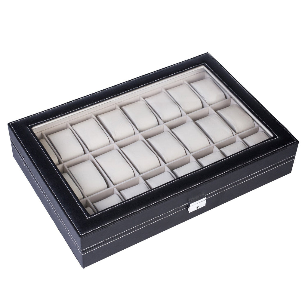 24-Slot PU Leather Watch Box Organizer Large Capacity – Top-Opening Lid Watch Display Case Cushioned Storage for Men Women Watch Collector Gift Black 43x29x8.5cm