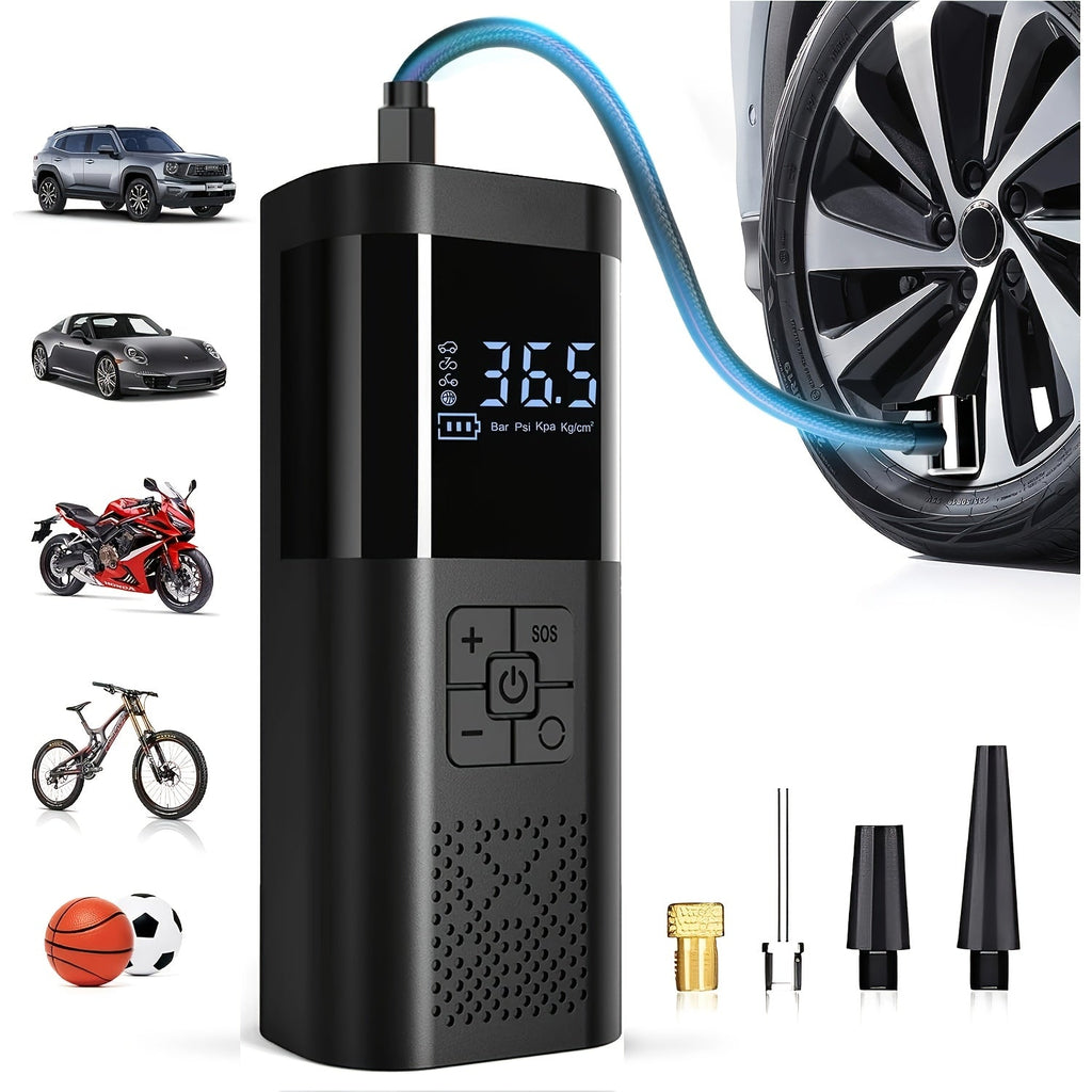 Portable Tire Inflator 150PSI Cordless Air Compressor | 6000mAh Battery, 3X Fast Inflation, LCD Pressure Gauge, Auto Shutoff, LED Light, USB-C – For Cars, Motorcycles, Bicycles & Balls