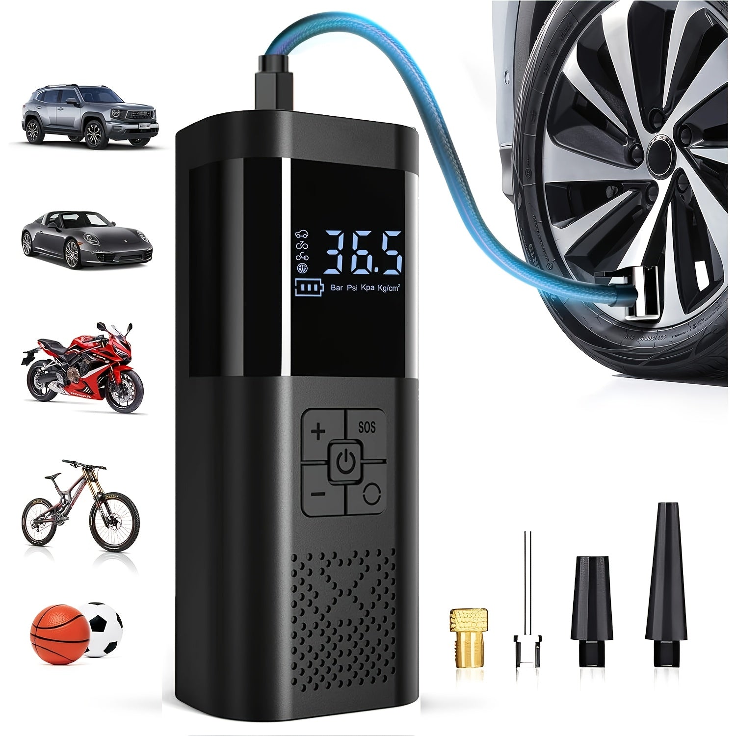 Portable Tire Inflator 150PSI Cordless Air Compressor | 6000mAh Battery, 3X Fast Inflation, LCD Pressure Gauge, Auto Shutoff, LED Light, USB-C – For Cars, Motorcycles, Bicycles & Balls