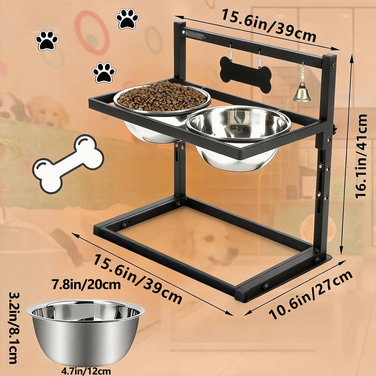 Adjustable Elevated Dog Bowl Stand with 2 Stainless Steel Bowls – Sturdy Metal Raised Feeder for Large & Medium Dogs, Height Adjustable Ergonomic Dog Food & Water Bowl Holder, Black