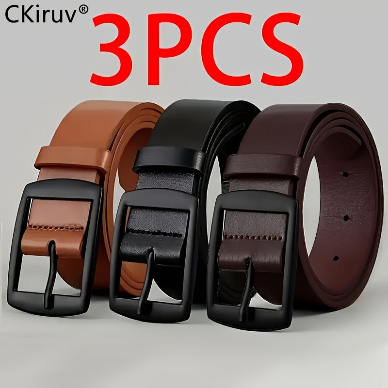 PU Faux Leather Belt for Men 3 Pack – Casual Alloy Buckle Jeans Belt Set in Black Brown Khaki Sizes 110cm 120cm 130cm, Versatile Everyday Belt Gift for Him