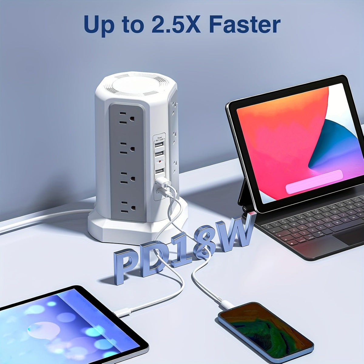 Tower Surge Protector Power Strip 12 Outlets 5 USB Ports PD 18W USB-C Fast Charging 10FT Extension Cord 1800J Surge Protection 4 Independent Switches Home Office Desk Dorm Room Vertical Design