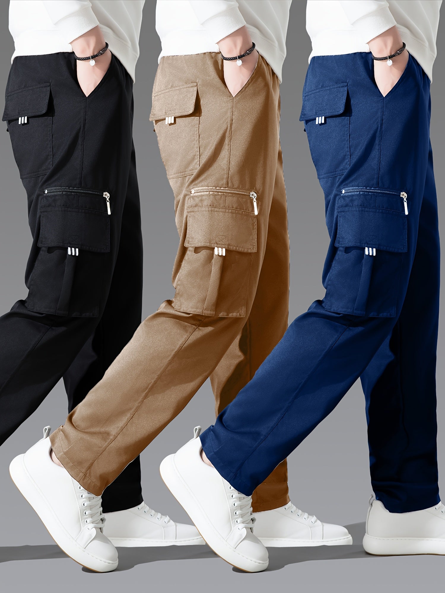Men's Cargo Pants 3-Pack Multi-Pocket Regular Fit – Solid Color Polyester Woven Hiking Outdoor Pants for Spring & Fall, Sizes S-XXXL, 9 Color Combos