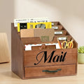 Large Solid Wood Desktop Mail Organizer with Drawer and 4 Compartments Labelable Dividers for Files Letters Paper Folders Desk Organizer for Home Office Students and Professionals