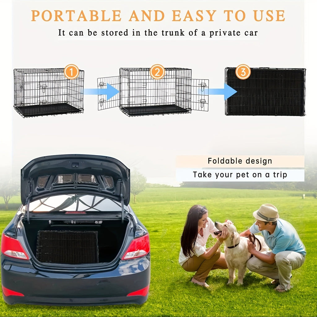 Double Door Folding Metal Dog Crate 42 48 Inch with Divider Leak-Proof Tray High-Temp Paint Finish Wire Kennel Puppy Medium Large Dogs Indoor Outdoor Black Blue Pink