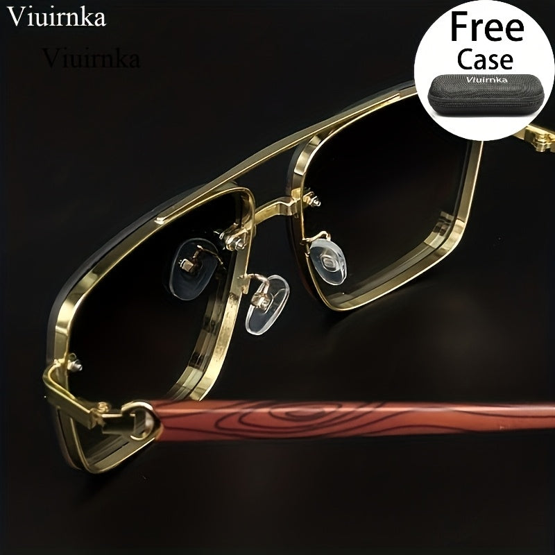 Square Fashion Glasses with Wood Grain Temples for Men Women – Double Beam Retro Design Gradient Lens Sunglasses Unisex for Driving Travel Street Photography Gift with Case