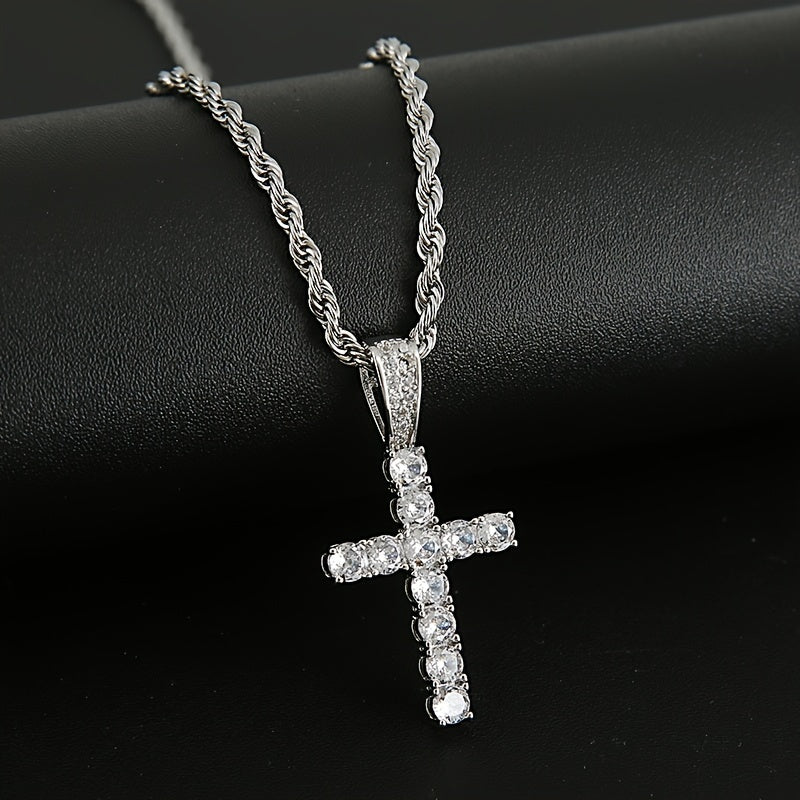 4-Piece Men's Punk Jewelry Set – Quartz Watch Cuban Chain Necklace Bracelet Cross Necklace Rhinestone Hip Hop Style Accessories Gift for Men Boyfriend Son Birthday Christmas Gold Silver