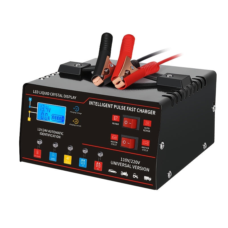 Smart Universal Battery Charger 12V 24V with LCD Screen Pulse Repair Trickle Maintainer for Car Truck Motorcycle Boat Lawn Mower Harvester – Automatic Temperature Regulation