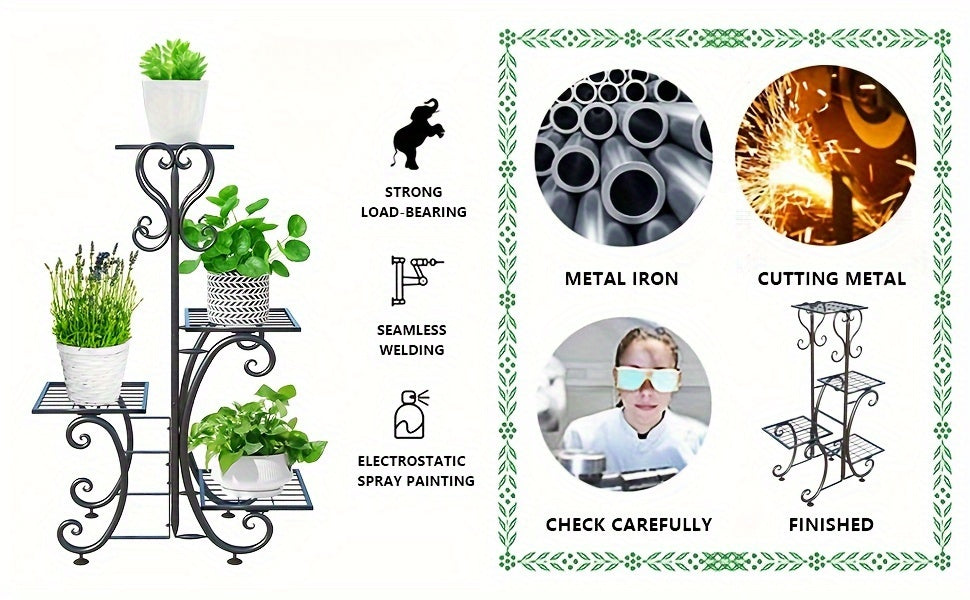 4 Tier Metal Plant Stand Indoor Outdoor Wrought Iron Corner Flower Pot Holder Display Rack Patio Balcony Garden Office Planter Shelf Black HYP-50 6 Tier