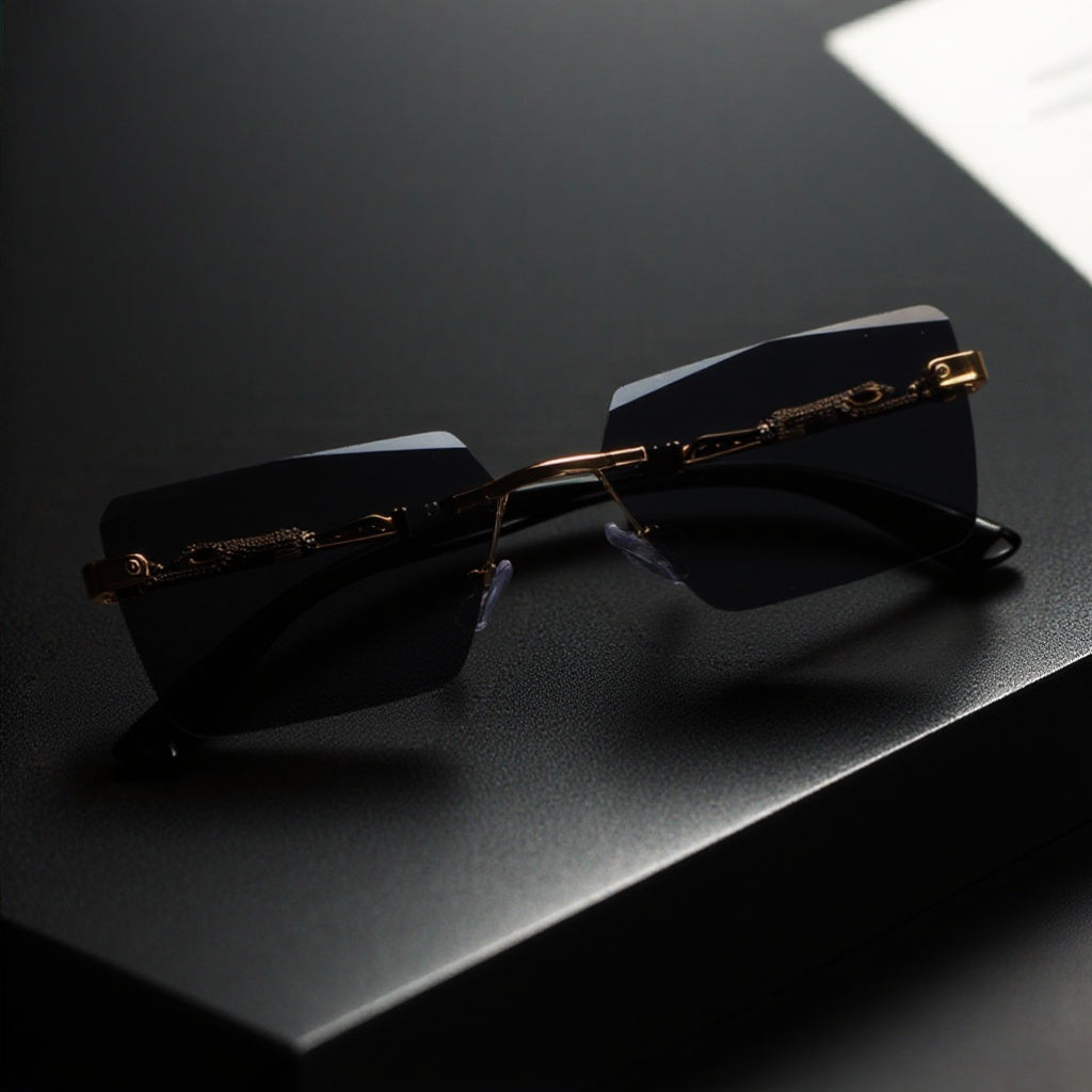 Unisex Luxury Frameless Sunglasses with Leopard Arms - UV400 Narrow Rectangular Lens Black & Gold Fashion Eyewear for Men & Women, Includes Protective Case & Cleaning Cloth for Driving Travel & Parties