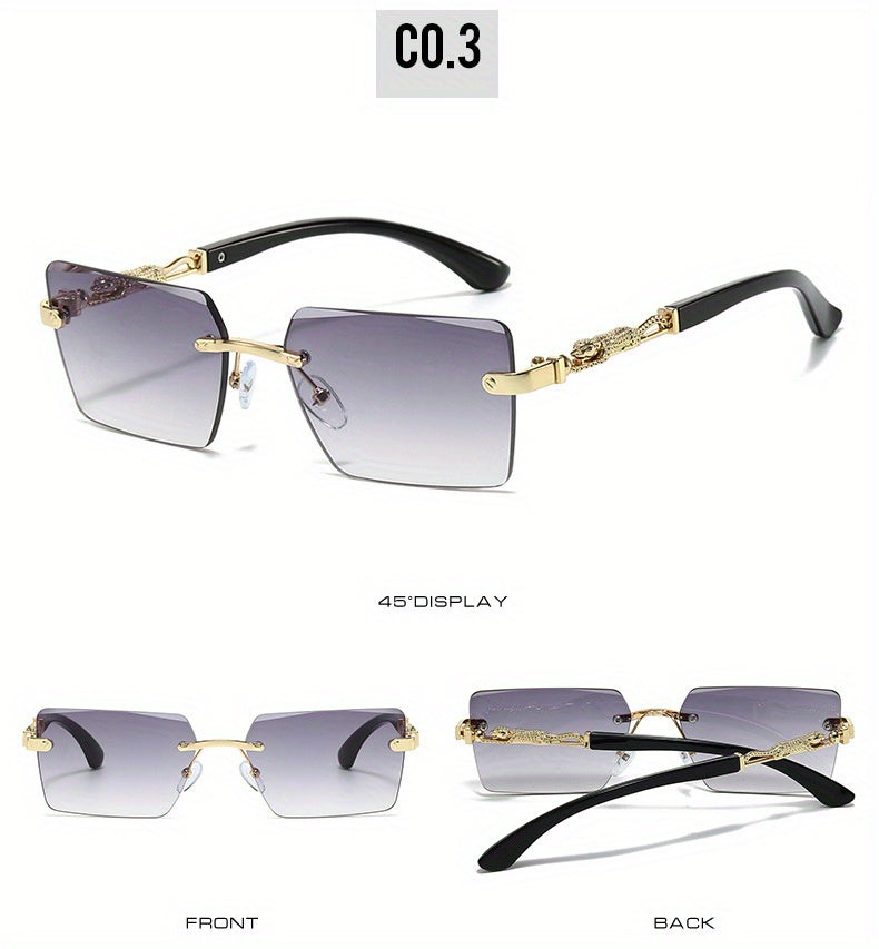 Unisex Luxury Frameless Sunglasses with Leopard Arms - UV400 Narrow Rectangular Lens Black & Gold Fashion Eyewear for Men & Women, Includes Protective Case & Cleaning Cloth for Driving Travel & Parties