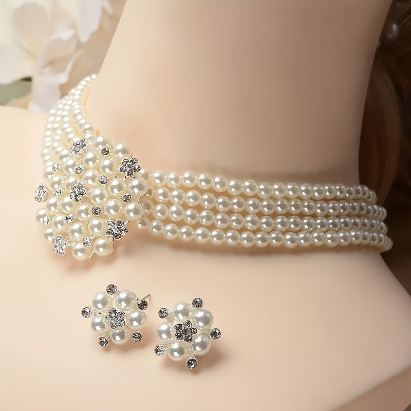 Luxury Bridal Necklace & Earring Set for Women – Silver Plated Beaded Zinc Alloy Wedding Jewelry Set Elegant Dress Accessories Evening Party Stage Performance Bridesmaid Gift