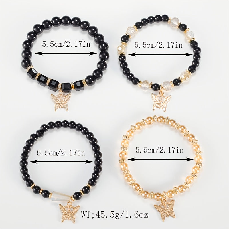 Butterfly Beaded Bracelet Set for Women Boho Stackable – 4 8 16pcs Sparkle Multi-Layered Elastic Charm Bracelets, Bohemian Wrist Jewelry Perfect Birthday Holiday Gift for Her
