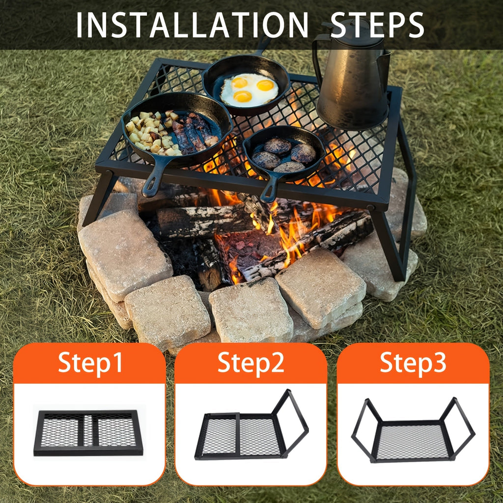 Heavy Duty Bonfire Campfire Grill with Firewood Rack – Outdoor BBQ Grill for Camping, RV, Picnic & Backyard, Includes Storage Bag, Food Clips & Cleaning Cloth, Perfect Men's Gift