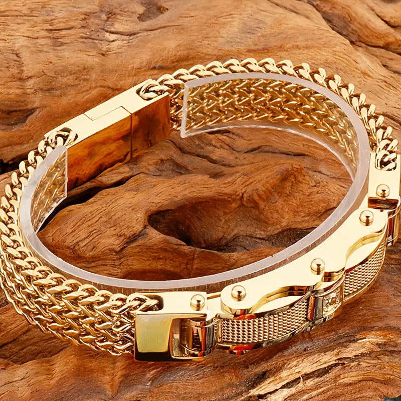 Men's 304 Stainless Steel Motorcycle Chain Bracelet – Hip Hop Punk Biker Magnetic Clasp Synthetic Gem Bracelet for Men Nightclub Party Wedding Streetwear Gift