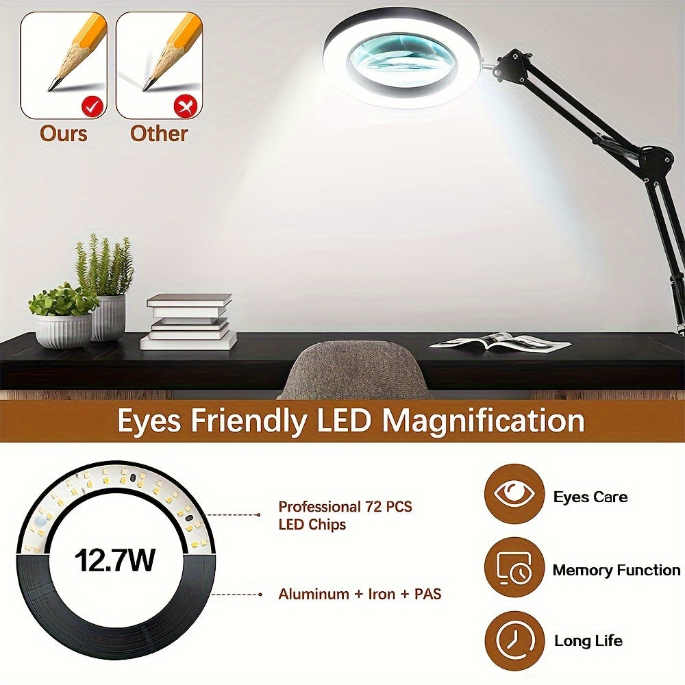 15X Magnification LED Magnifying Glass Lamp with Adjustable Arm & Clamp Base – Dimmable 3-Color Light, USB-Powered Desk Magnifier for Reading, Crafts, Manicure, Sewing & Precision Work (Black/White)