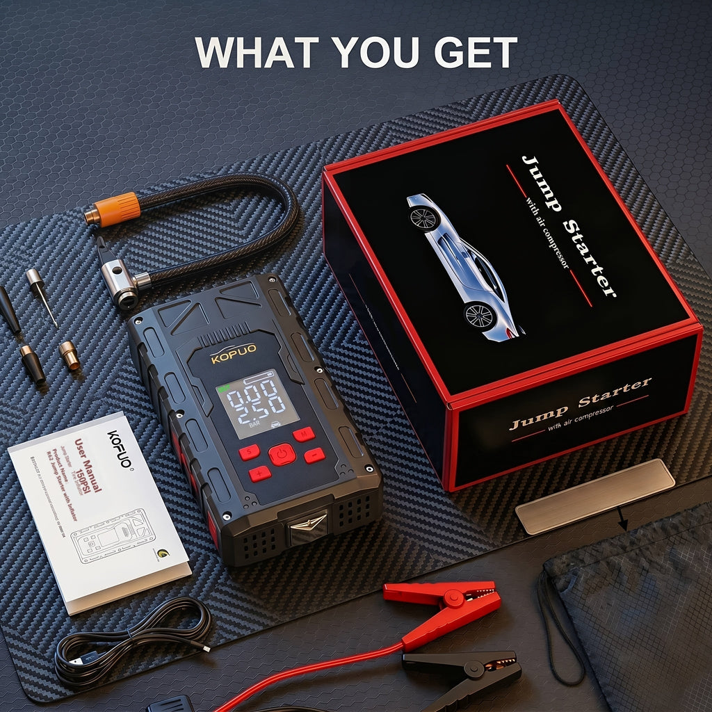 Portable Car Jump Starter with Air Compressor 20000A Peak 7 in 1 Battery Booster Pack 150PSI Tire Inflator Power Bank LED Light LCD Display Safety Hammer 12V Emergency Roadside Kit Car SUV Truck