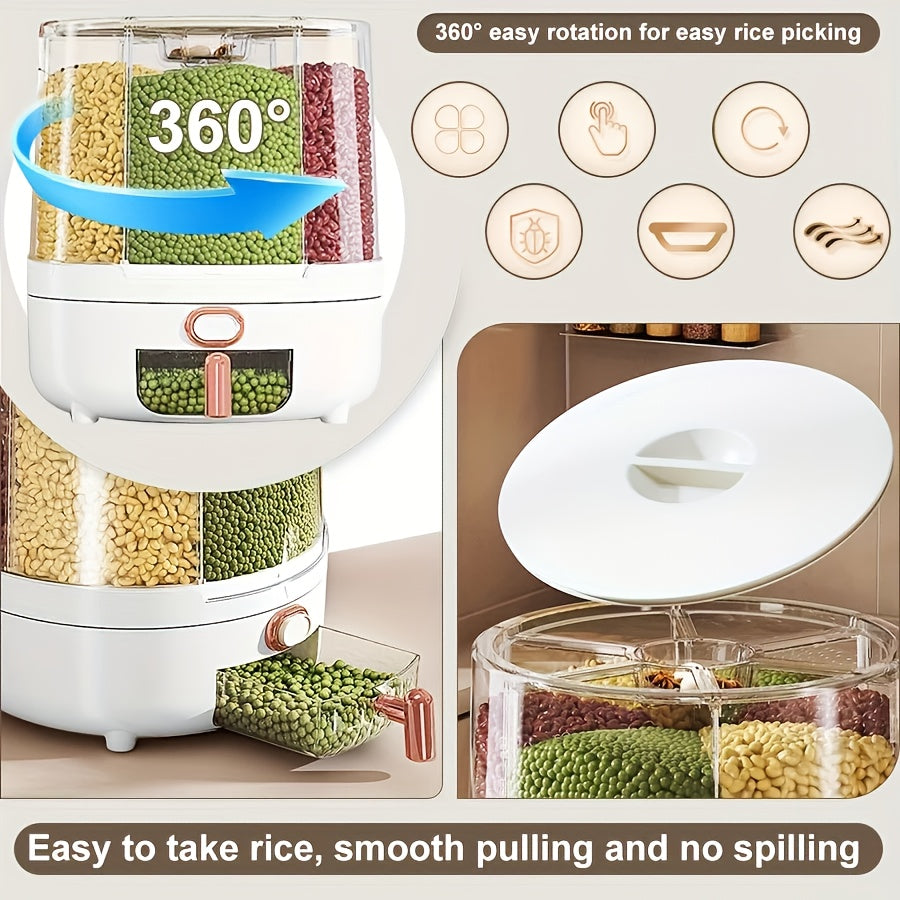 Rotating Cereal Dispenser 6-Grid Large Capacity Airtight Rice Storage Container, Moisture-Proof Insect-Proof Grain Dispenser with Transparent Window & Press Button, Food-Grade PP for Rice Grains Flour