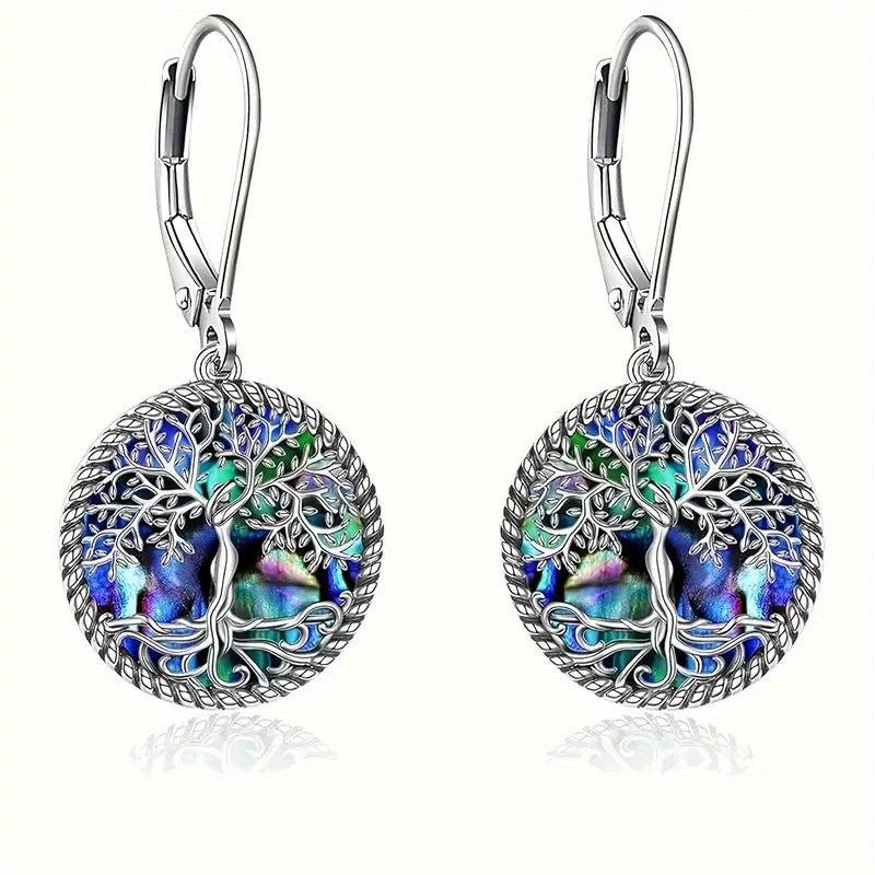 Tree of Life Abalone Shell Dangle Earrings 925 Sterling Silver – Boho Spiritual Iridescent Drop Earrings for Women, Hypoallergenic Nature Jewelry Perfect Birthday Mother's Day Gift for Her