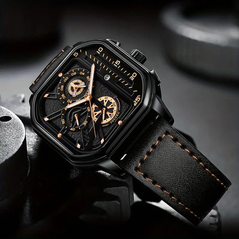 2pcs Men's Watch Set Sports Triangle Dial Silicone Strap and Retro Square Dial Quartz Watches with Date Display Dress Watch for Casual Valentine's Father's Day Gift